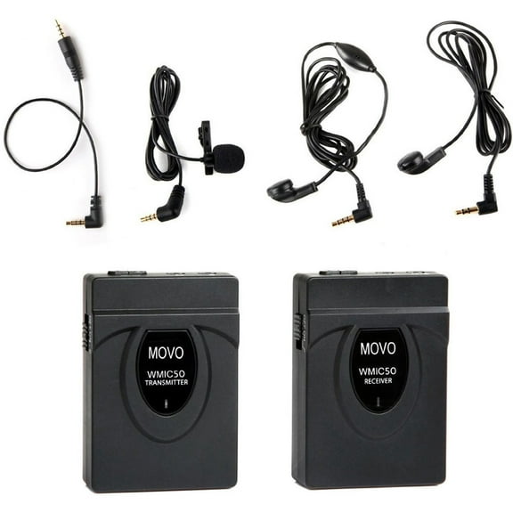 Movo Photo WMIC50 2.4GHz Wireless Lavalier Mic System with Transmitter, Receiver, Lavalier Microphone, 2x Earphones, 164' Range