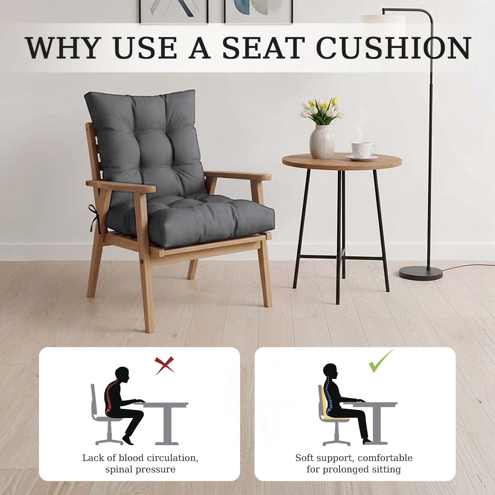 Eurhowing Waterproof Patio Rocking Chair Cushions 1-Piece, 3" Thick Outdoor Chair Cushion with Ties, Non-Slip Seat Pad for Garden Lawn Furniture, 2Pack, Gray