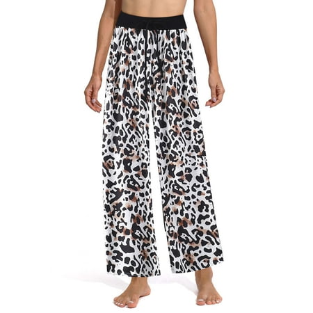 

Avamo Leopard Print Tartan Plaid Palazzo Lounge Trousers for Women with Drawstring Elastic Waist High Waist Soft Loose Tummy Control Yoga Pants Casual Pajama Pants Plus Size