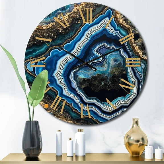 Designart "Teal Gold Geode Gems Gemstone Elegance" Stone Geode Oversized Wall Clock