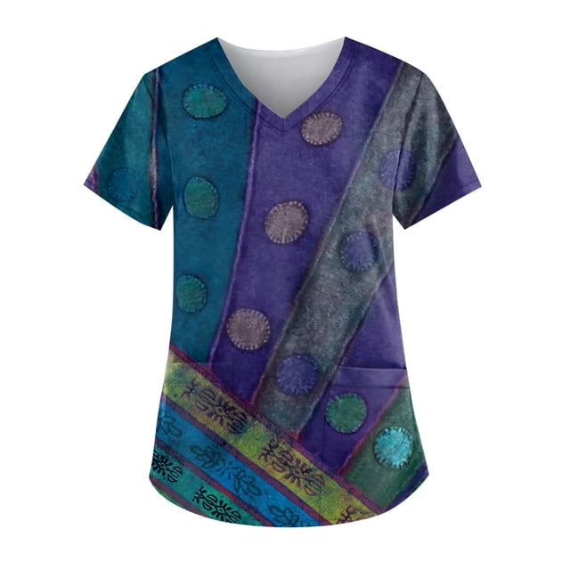 LSLJS Blouse à Manches Courtes à Col en V pour Femmes, Mode, Uniforme de Travail, Imprimé, avec Poche, Blouse, Hauts; Sarraus pour Femmes Grande Taille