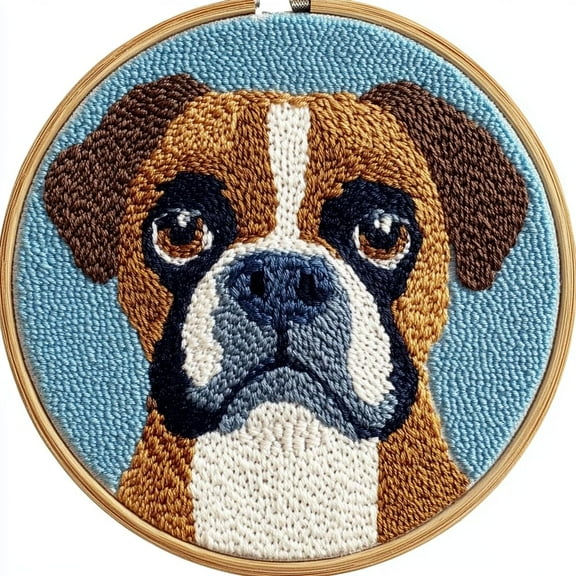 DIY Punch Needle kits A Cute Cartoon Boxer Dog Easy for Beginners Punch Needle Yarn Starter Embroidery Set for Craft lovers with Hoop for Home Decor 20x20cm(1)