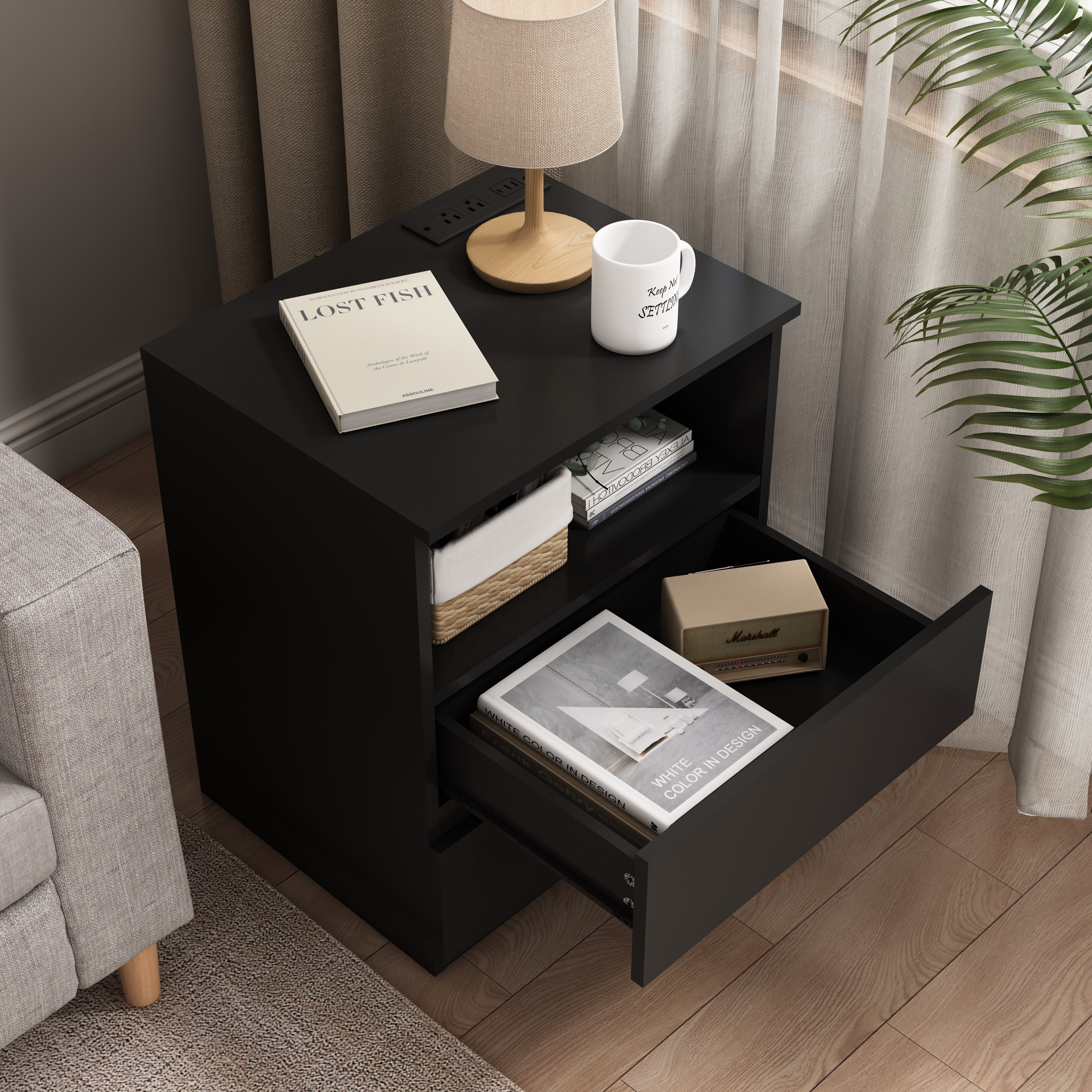 Mintazer Nightstand Set of 2, Bedside End Table with Charging Station, 2 Drawers & Open Storage Compartment, Particle Board Side Table for Bedroom Living Room, Black