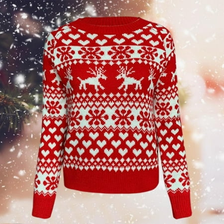 

Sweater Women Christmas Deer Knitted Long Sleeve Round Neck Ladies Jumper Casual
