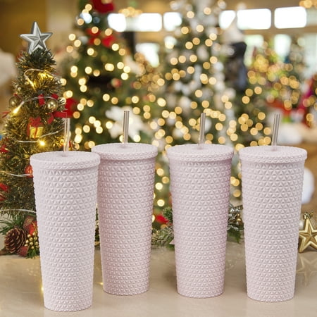 

Mainstays 4pk 26oz DW AS Plastic Soft Touch Textured Tumbler with Straw Pink