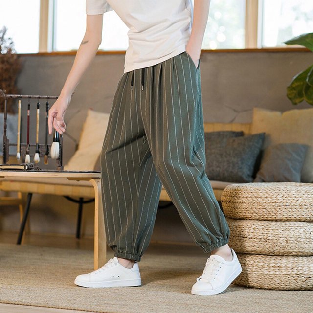Ceisia Men's Gift Oversized Ankle-Length Striped Pants Elastic Waist Cuffed Casual Multi-Color