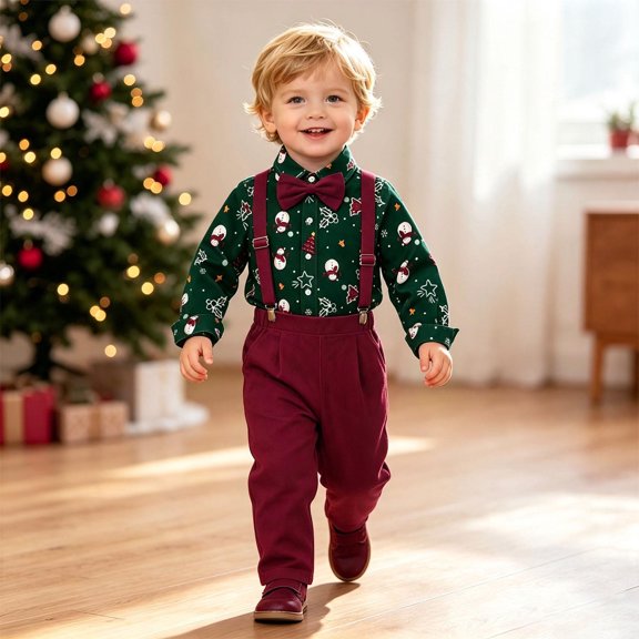 CUZIBR Toddler Boys Christmas Outfits Formal Button Down Shirt And Suspender Pants 2 PC Set Tree Graphic Gentleman Cozy Festival Wear,Green,5-6 Years