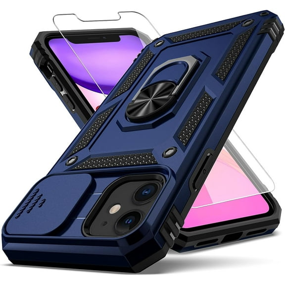 for iPhone 11 Case,with Camera Lens Cover HD Screen Protector,[Military Grade] Ring Car Mount Kickstand Hybrid Hard PC Soft TPU Shockproof Protective Case for iPhone 11-Blue