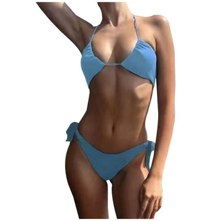 SunnyDay Candy Color Bikini Swimsuit - Sheer  Breathable  Tie-Up Design  No Tan Lines Blue XL