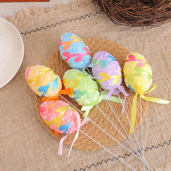 6 Pack Easter Foam Egg Picks, Glittered Eggs Oranment with Ribbon and Stick for Tabletop Centerpiece Decor, Easter Party Supplies