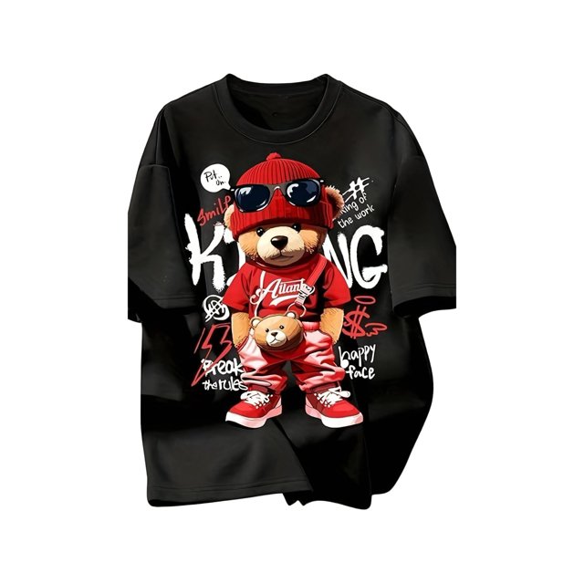 Camiseta gráfica de algodón para hombre, informal, de manga corta y cuello redondo con estampado de oso, tejido de punto para todas las estaciones, corte regular
