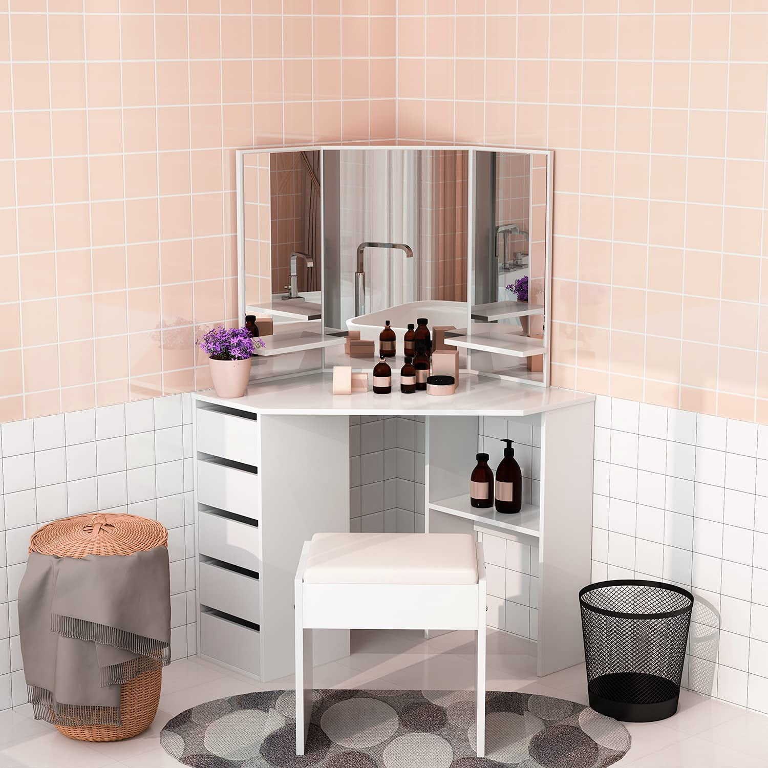 Buy Erommy White Corner Vanity Desk, Makeup Table Set, TriFold Mirror