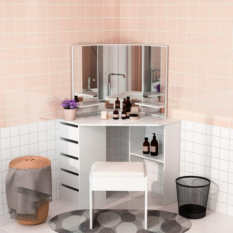 MELLCOM Corner Vanity Desk Makeup Table Set Tri Fold Mirror