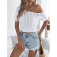 thumbnail image 4 of Womens Summer Tops Crochet Sweaters Resort Wear Short Sleeve Hollow Out Knit Tops 2025 Beach Coverup White S, 4 of 9