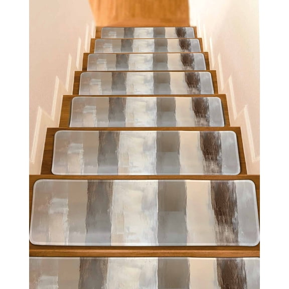 Brown Grey Stair Treads for Wooden Steps Indoor Runner Rug Carpet, Abstract Neutral Textured Modern Minimalist 7 Pieces Peel and Stick Staircase Step Treads Covers Washable Throw Door Mats, 30"x8"