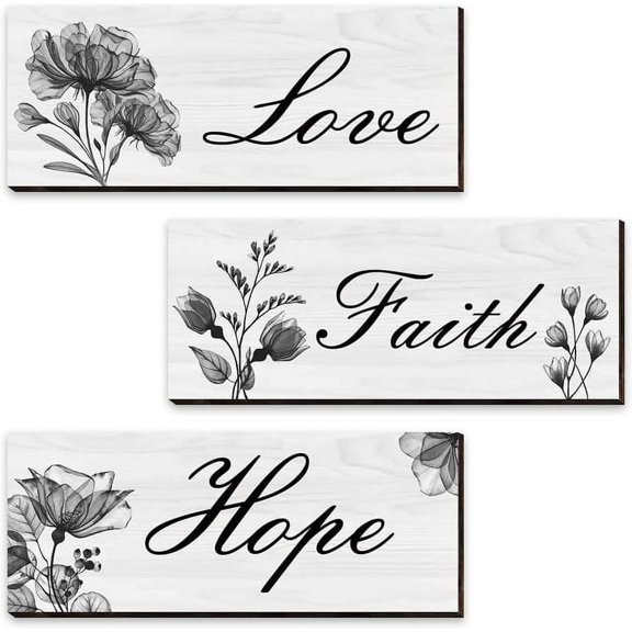 Fibevon 3 Pcs Flower Wall Decor- Wooden Wall Art-Motivation Quotes Sign Bathroom Decor, 12 x 4 inch(Black)