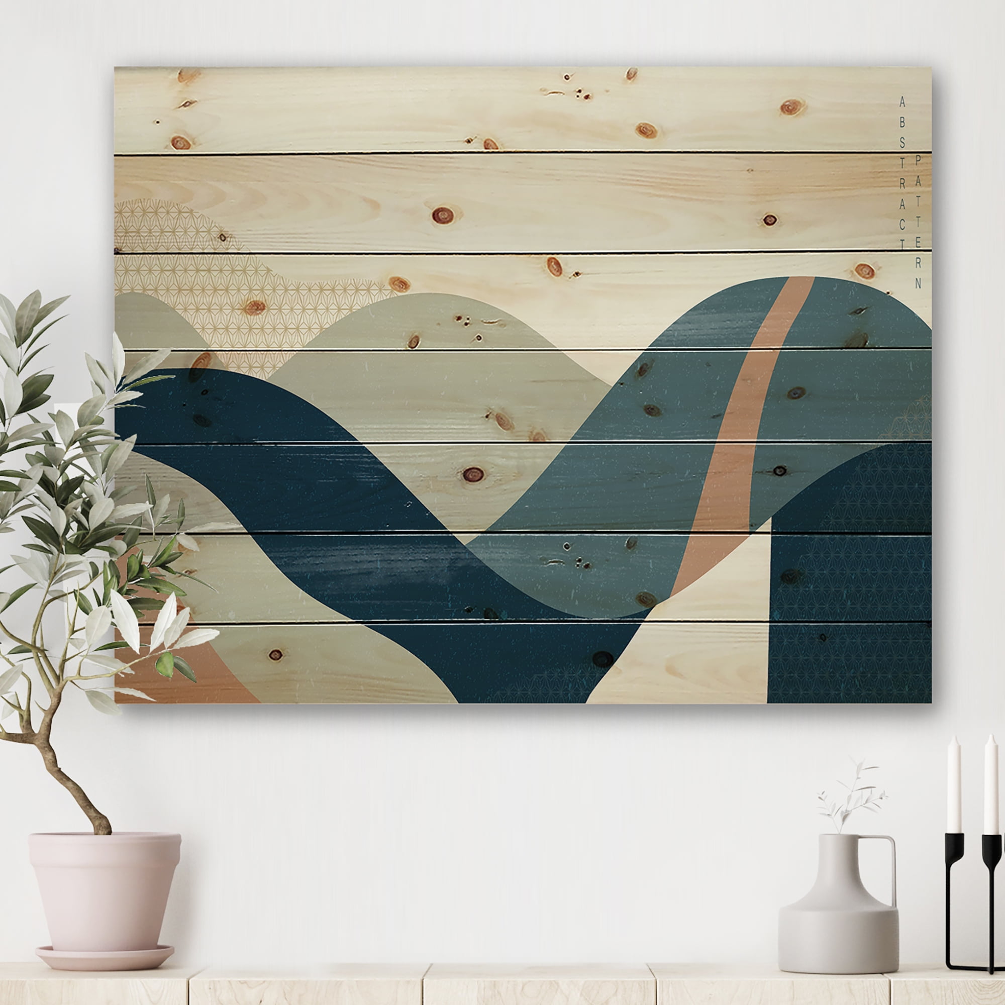 Designart 'Landscape With Hills Abstract Geometric Art' Modern Print on Natural Pine Wood