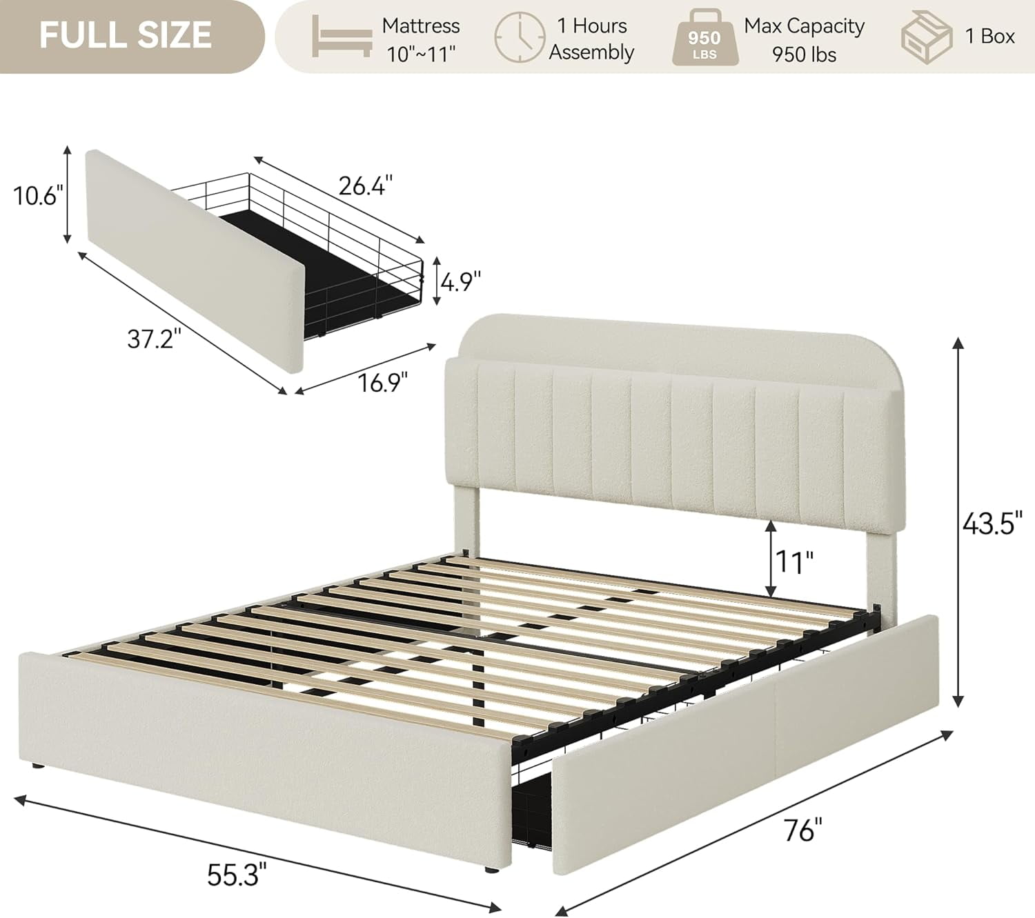 Huisuilinss Twin Size Bed Frame,Full Bed Frame With 2 Drawers,Storage Headboard,Boucle Upholstered Platform Bed Queen With Bookcase,Easy Assembly,No Box Spring Needed
