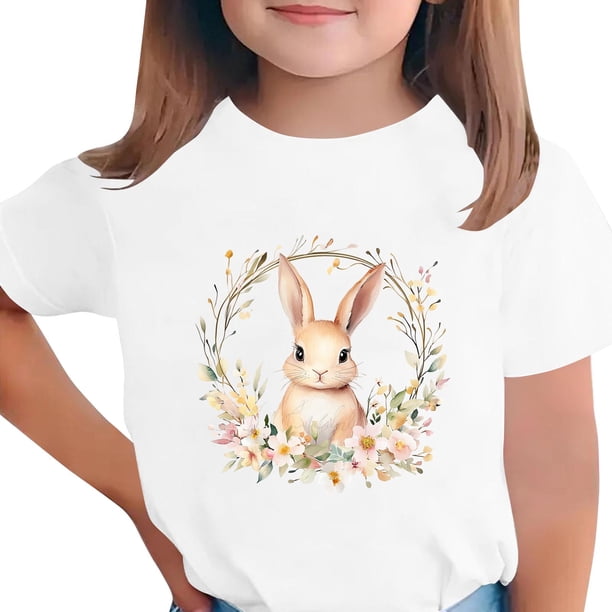 Manga Corta Crop Top para Niños con Lindo Estampado de Pascua, Cuello Redondo Casual Graphic Tee para 3-14 Años, Tela Suave Transpirable
