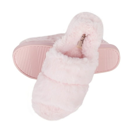 Jessica Simpson Womens Plush Faux Fur Fuzzy Slide on Open Toe With Elastic Backstrap