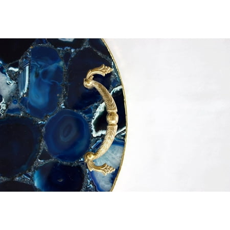

Blue Agate Serving Tray With Brass Handles | Circular
