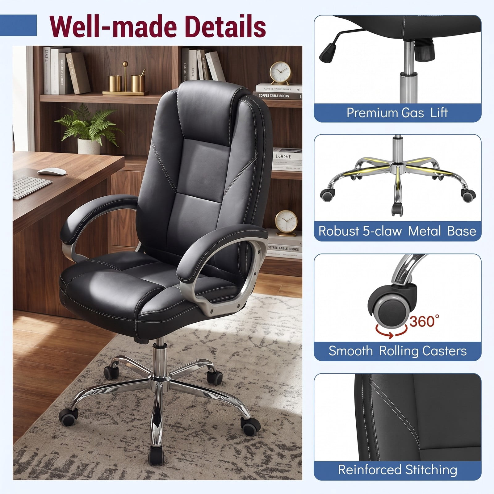 Furnibear Ergonomic Leather Office Chair, High Back PU Leather Executive Desk Chair with Padded Armrests, Adjustable Height, 360-Degree Swivel and Rocking, Black
