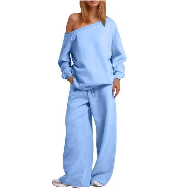 MeetoTime Ensemble 2 Pcs pour Femmes en Molleton, Chandail à Col Rond, Pantalon Grand, Survêtement, Tenue de Détente
