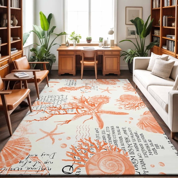 Large Area Rugs 9'x12', Orange Starfish Carpet Runner Indoor Outdoor Rugs Home Decor Aesthetic, Rustic Ocean Coastal Shells Conch Coral Non Slip Mats Washable Accent Rug for Living Room Bedroom