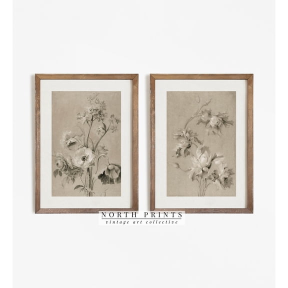 UNFFRAMED Vintage Floral Poster Set: Neutral Botanical Art S2-32 Set 2 Prints 8x12