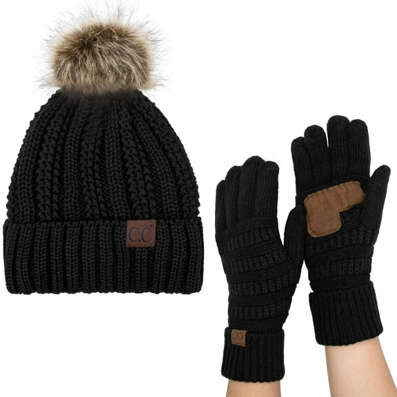 C.C Women's Cable Knit Beanie and Glove Set, Black, 2 Pack