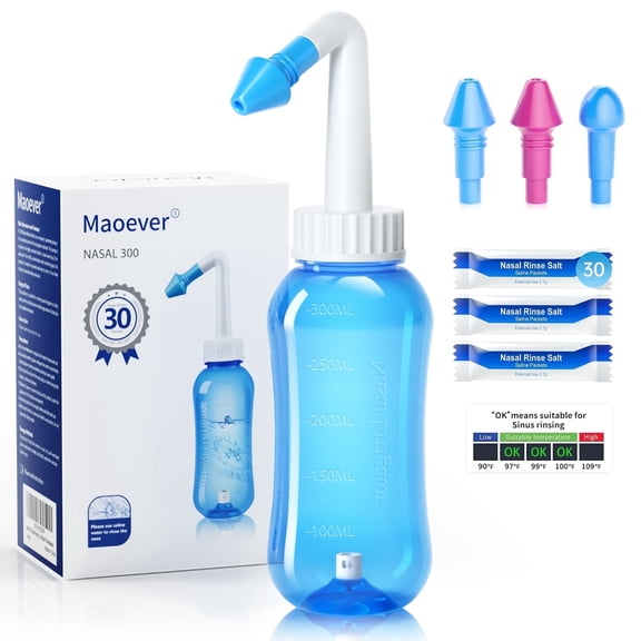 Neti Pot Nettie Bottle Nasal Sinus Rinse 30 Salt Packets Pressure Nose Irrigation Wash Cleaner for Adult Kids BPA Free 300 ML netty bottle with Saline Packets Sticker Thermometer(Blue)