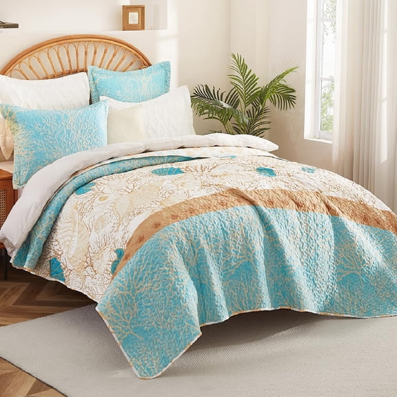 3 Pieces Coastal Quilt Set Queen Size Ocean Theme Coral Shell Starfish Pattern Reversible Beach Bedding Summer Soft Lightweight Nautical Coverlet