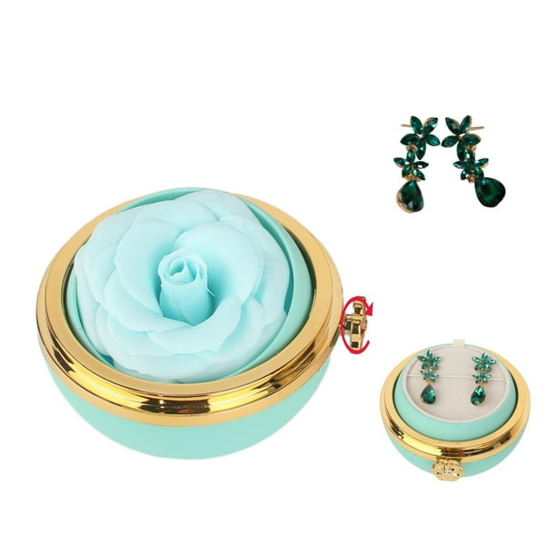 Caja Giratoria con Rosa Eterna y Aretes Regalo Romántico para Mujer Caja redonda de Joyería con Flor Preservada (Verde(aretes verdes))