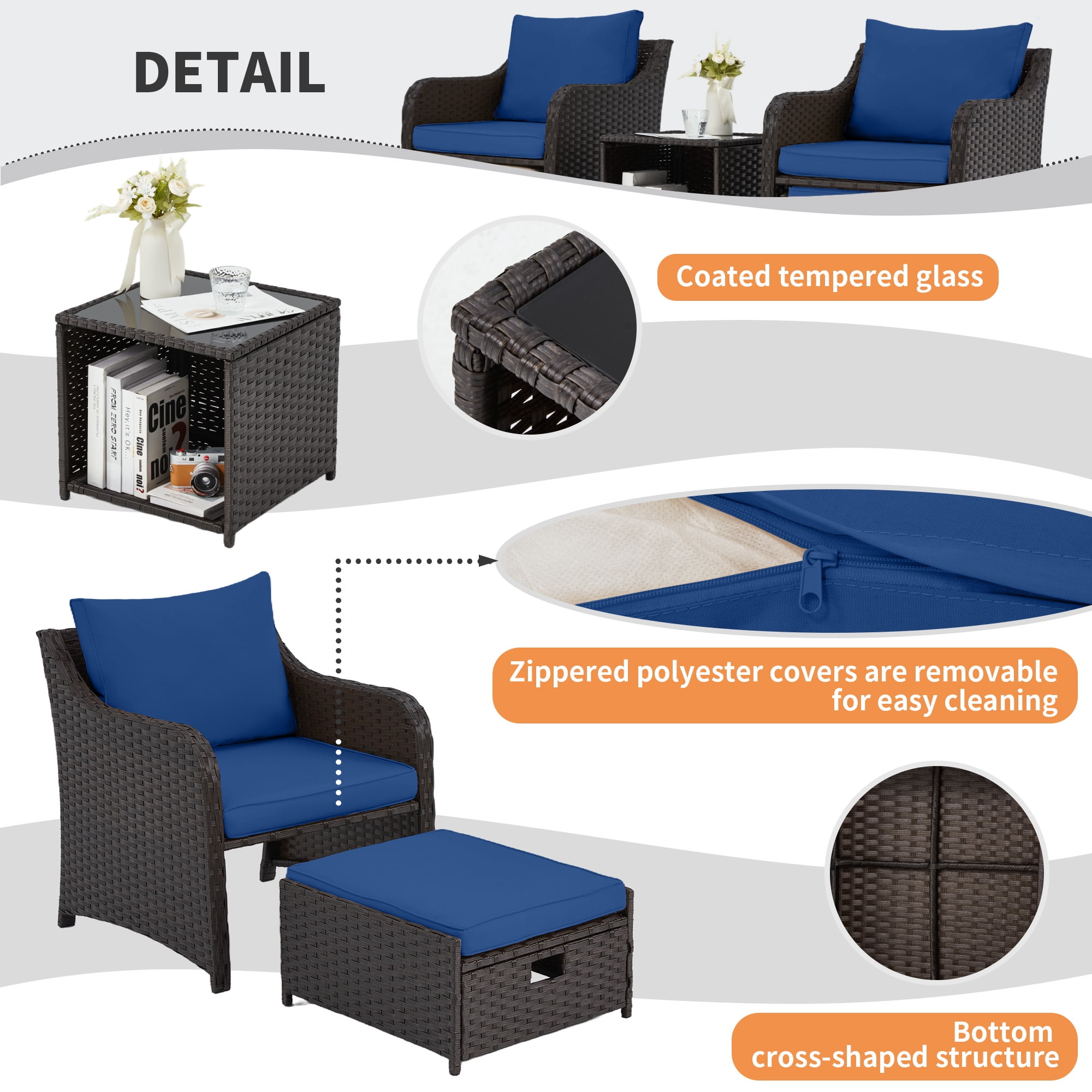 HOMREST 5 Piece Balcony Furniture, All Weather PE Wicker Rattan Patio Furniture Set, Cushioned Patio Chairs Set of 2 w/Ottoman&Table, Outdoor Lounge Chair for Lawn Pool Balcony, Navy Blue