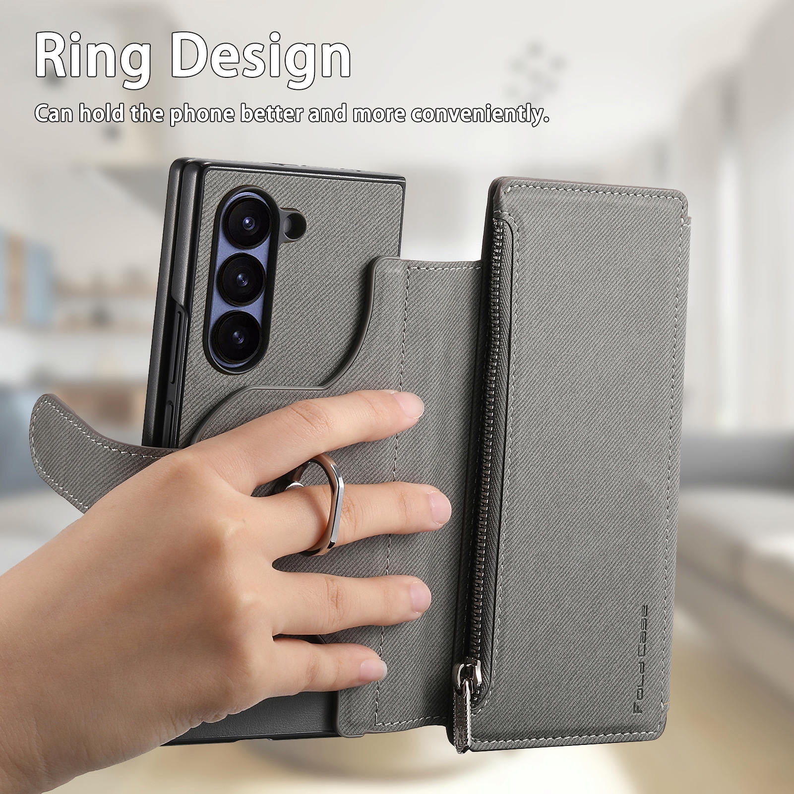 For Samsung Galaxy Z Fold 6 Phone Case,2-in-1 Magnetic Detachable Flip,Flip Folding Kickstand,With Card Slots,Zipper Pocket,Ring Holder,Fit Wireless charging,Shockproof Phone Case,Gray