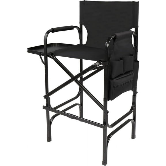 30" Tall Directors Chair Black Folding with Side Table Storage Bag,Aluminum Frame 300 lbs Capacity, 33.8" L x 19.2" W x 45.6" H,Portable Makeup Artist Bar Height