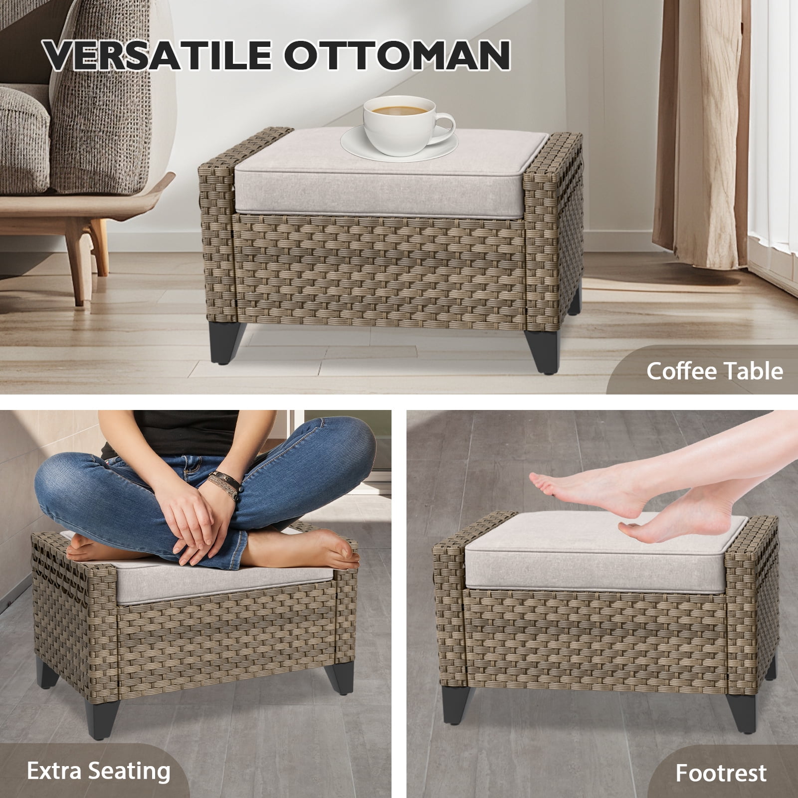 EAGLE PEAK 3 Piece Wicker Outdoor Patio Furniture Set, Patio Set with 2 Seat Loveseat Sofa, and 2 Ottomans, Brown/Beige