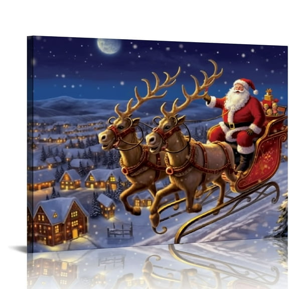 Pratyus Santa Claus Reindeers Full Moon Theme Modern Canvas Art Prints Wall Decor for Bathroom 16x12in