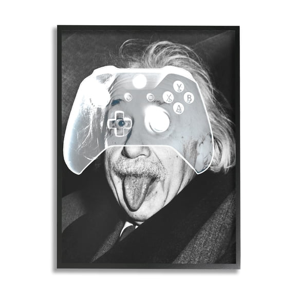 Stupell Industries Funny Einstein Game Controller Art for Kids Painting Black Framed Art Print Wall Art