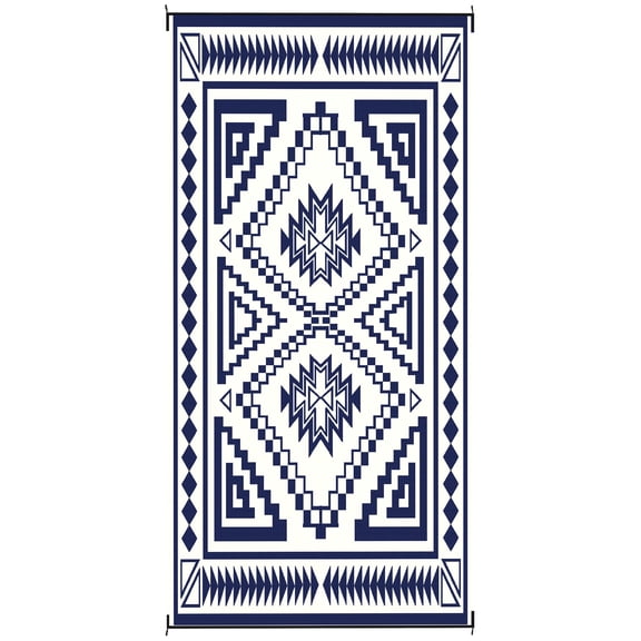 Reversible Waterproof Outdoor Rug, 9x18 Feet Blue White Patchwork Design, Plastic Straw Mat with Carry Bag