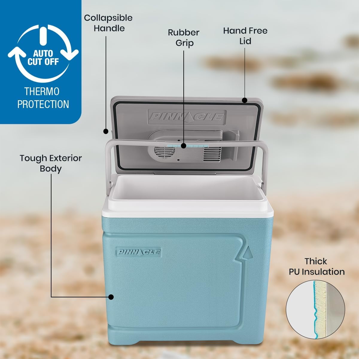 Pinnacle Thermoware 30 L Electric Portable Coolbox 12V Travel Cooler with Adapter – Blue