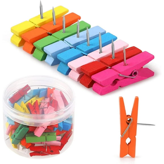 50 PCS Colorful Push Pin with Wooden Clips, Durable Wooden Push Pins,Pushpins Tacks Thumbtacks, Tacks for Cork Board Artworks Notes Photos, Craft Projects, Offices and Homes (8 Colors)