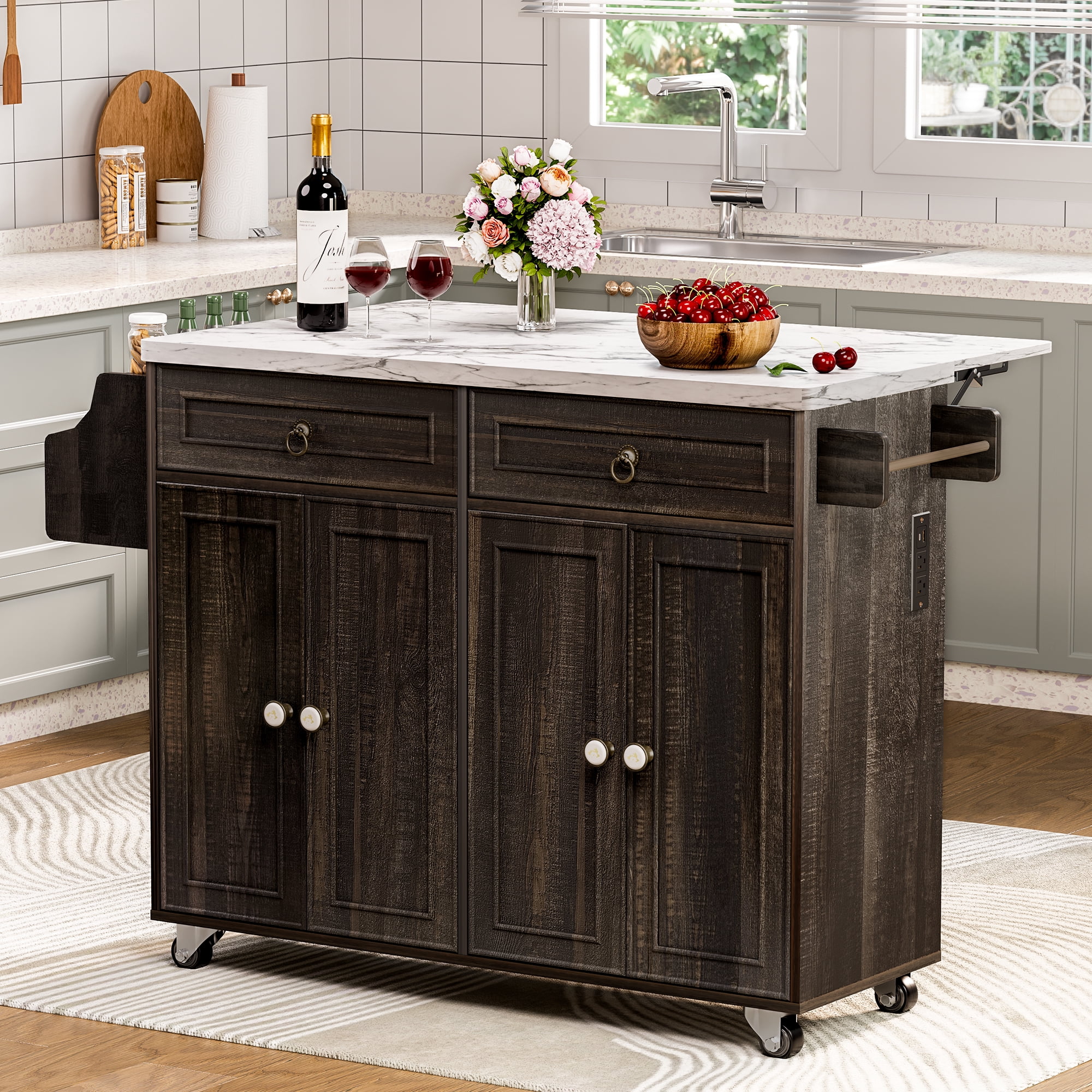 Farmhouse Kitchen Island Cart with Foldbale Tabletop and Power Outlet, Portable Rolling Kitchen Island with Locking Wheels, Spice Rack & Storage Cabinet, Retro Brown