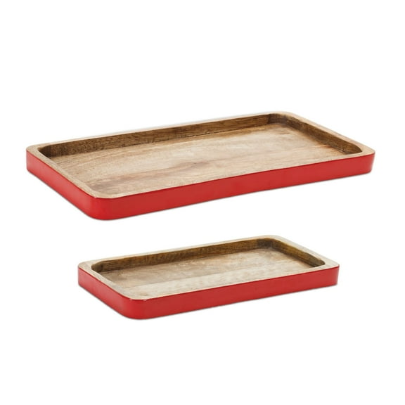 Melrose Rectangular Wooden Trimmed Christmas Serving Tray - 16" - Brown and Red - Set of 2