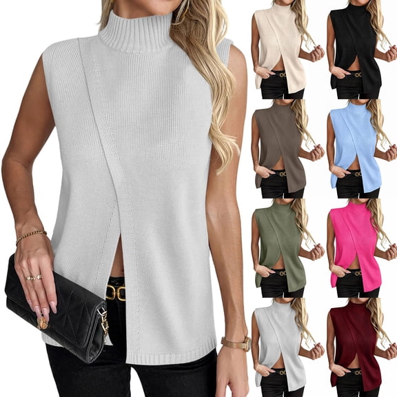 Fewfanhot Women's Mock Neck Knit Sleeveless Vest, Asymmetrical Wrap Split Sweater Tank, Casual Loose Fit Knitwear Top, Brown S