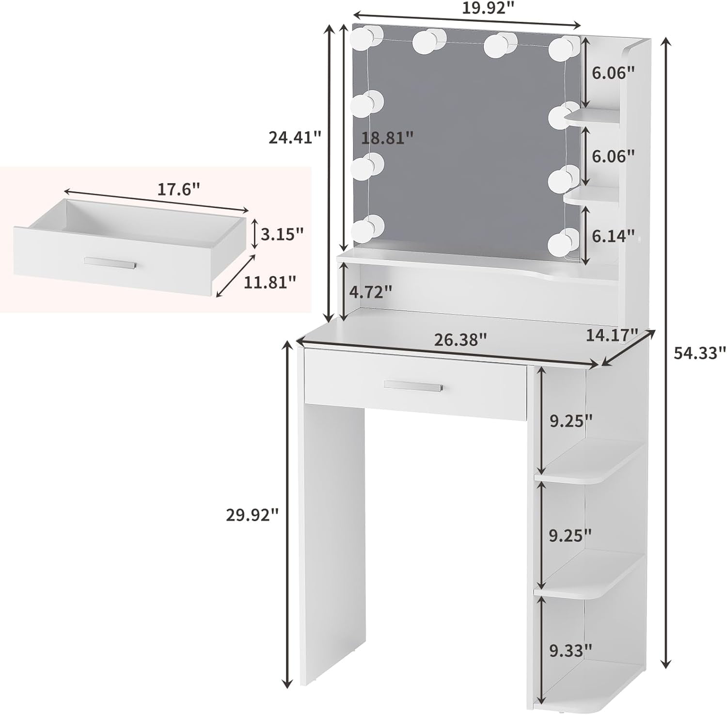 Vanity Desk with Mirror and Lights, Akaber 26.4" Makeup Vanity with Large Drawer, 6 Storage Levels, Small White Vanity Desk with Large LED Mirror