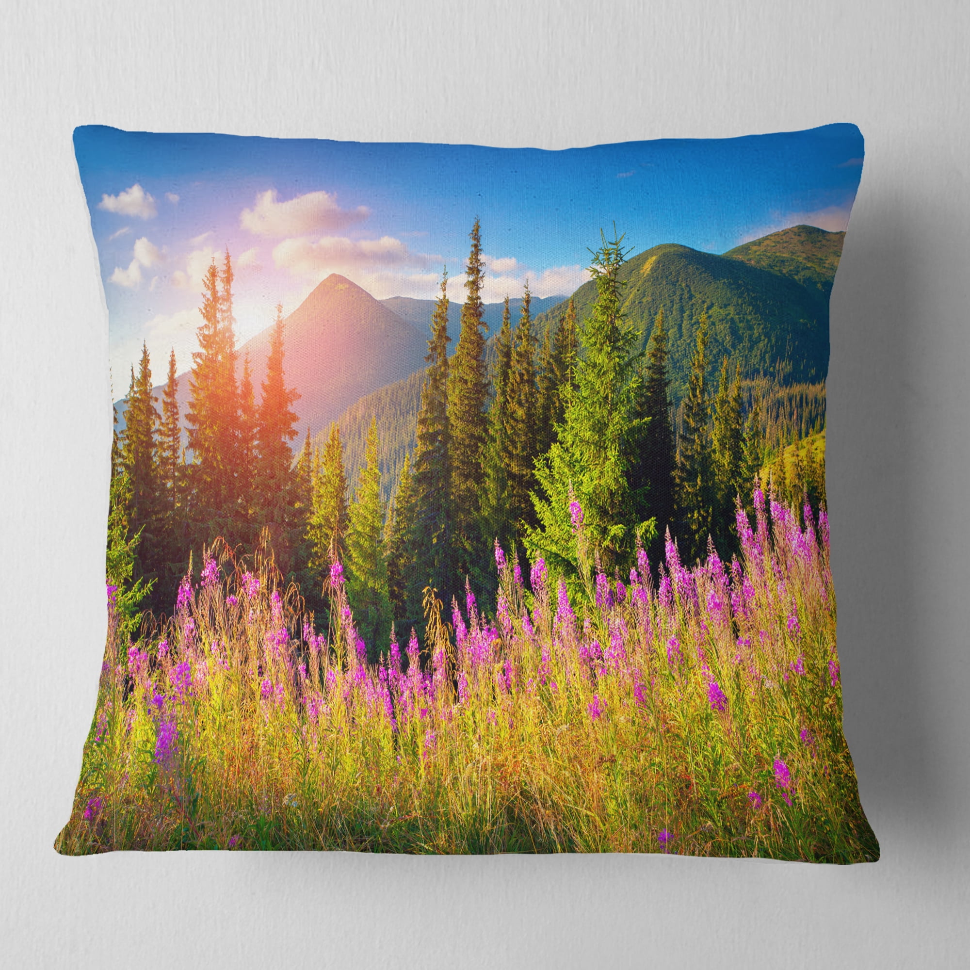 Designart Mountains with Pink Flowers - Floral Throw Pillow - 18x18