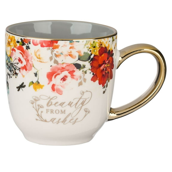 Christian Art Gifts Inspirational Scripture Ceramic Coffee & Tea Mug w/Gold for Women: Beauty from Ashes - Isaiah 61:3 Encouraging Bible Verse Present, White & Multicolor Marigold Floral, 11 fl. oz.