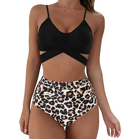 

Female Solid Color Spaghetti Strap Bikini Tops+ Leopard Print Bikini Panties