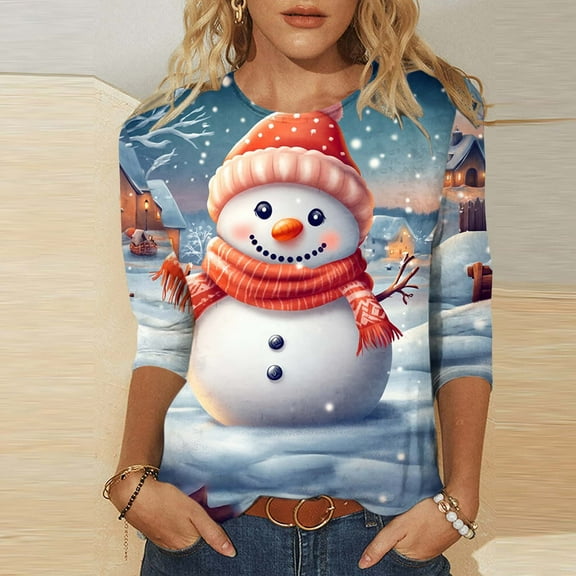 Wancir Merry Christmas 3/4 Sleeve Tops for Women Crewneck Snowflake Snowman Holiday Shirts Xmas Tree Tops Xmas Gifts
